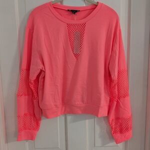 Iris Basic Womens Mesh Sweatshirt LARGE Retro‎ Neon Pink Comfort Pullover Casual